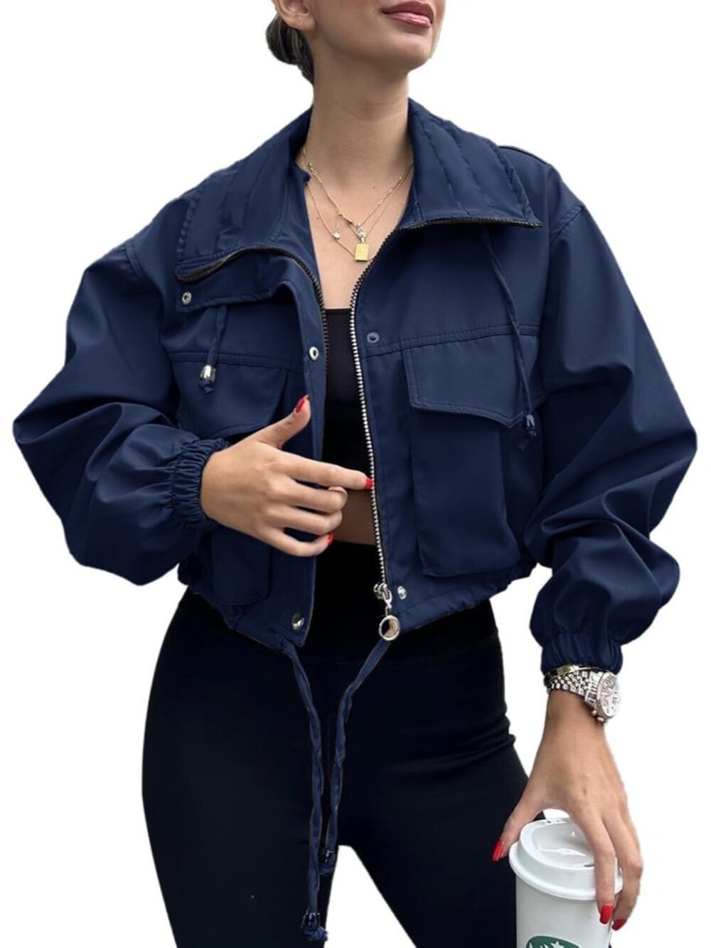 Women's Navy Blue Cropped Jacket Zip Up Lightweight Trendy Oversized With Pocket